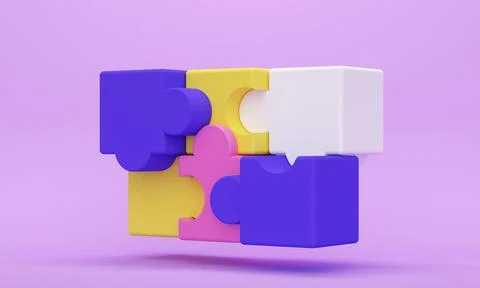 Colored puzzle pieces on a lilac background. 3d rendering Illustrazione stock
