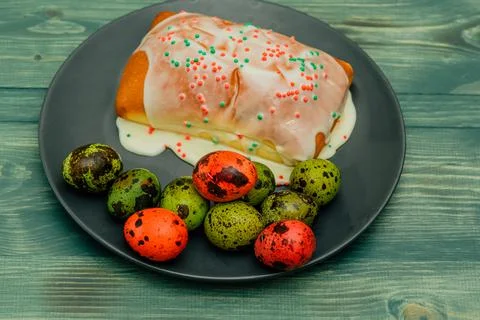 Colored quail eggs. Happy easter. spring holidays Stock Photos