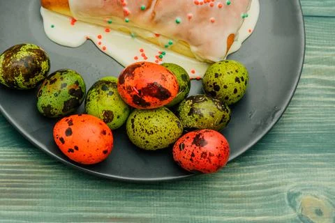 Colored quail eggs. Happy easter. spring holidays Stock Photos
