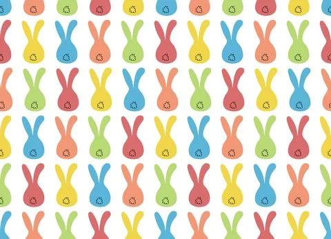 Colored Rabbits sit with their backs on a white background. Seamless patter.. Stock Illustration