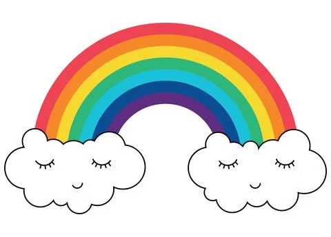 Colored rainbow with clouds with face Stock Illustration