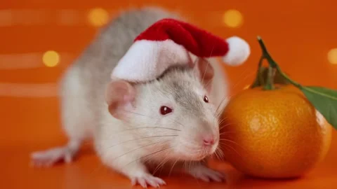 Colored rat on orange background. Mouse among New Year's tangerines Stock Footage 293200850