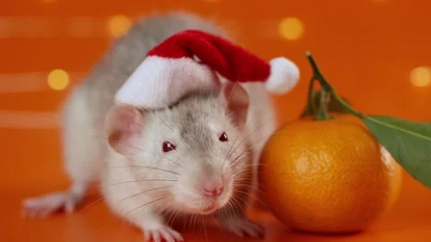Colored rat on orange background. Mouse among New Year's tangerines Stock Footage 293200889