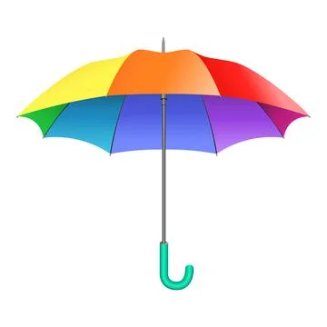 Colored realistic umbrella. Open umbrella in rainbow colors isolated on white Stock Illustration