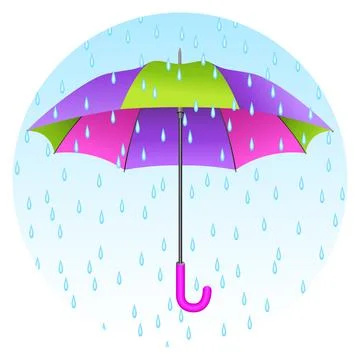 Colored realistic umbrella. Open umbrella with rain drops on blue sky Stock Illustration