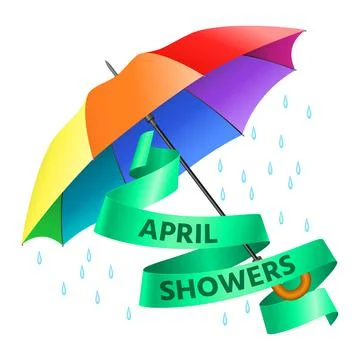 Colored realistic umbrella. Open umbrella in rainbow colors and text Stock Illustration
