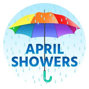 Colored realistic umbrella. Open umbrella in rainbow colors and text Stock Illustration
