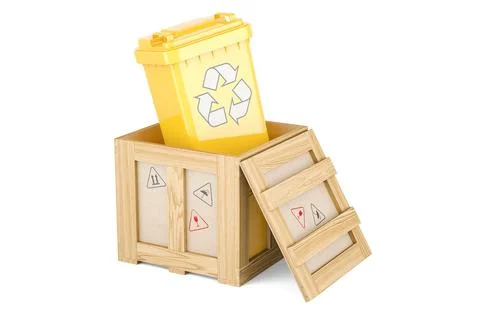 Colored recycling trash cans inside wooden box, delivery concept. 3D renderin 스톡 일러스트