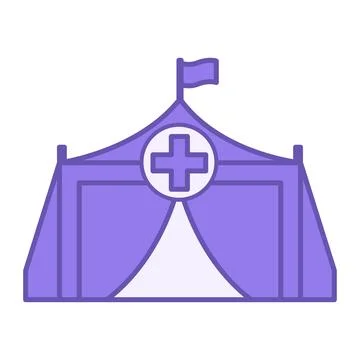 Colored Refugee Camp Icon. Vector Illustration. Tent with Cross and Flag. R.. Stock Illustration