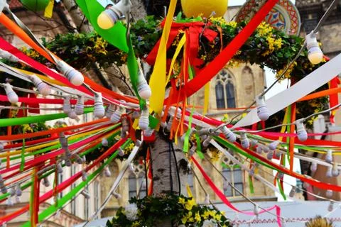 Colored ribbons with small lanterns Stock Photos