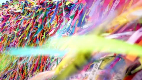 Colored ribbons tied in the railing of the Church of Our Lord of Bonfiml Stock Footage 80651953