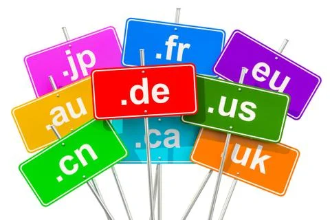 Colored road signs with country code top-level domain names, 3D rendering Stock-Illustration