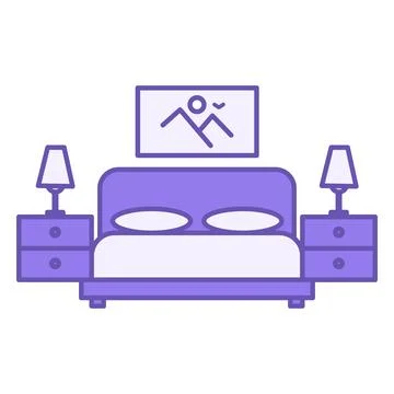 Colored Room Icon. Vector Icon. Bed with Pillows, Nightstands, Lamps and Pa.. Stock Illustration