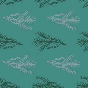 Colored rosemary seamless pattern. Dark green background. Cartoon herb print. Illustrazione stock