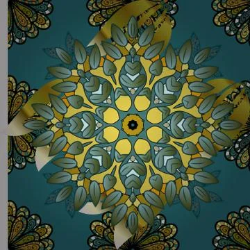 Colored round ornament pattern on a yellow, blue and green colors. Vector Mandal Stock Illustration