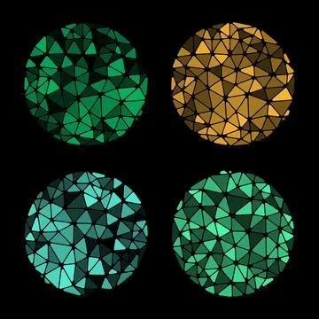 Colored round polygonal objects on a black background. Stained glass. Art Stock Illustration