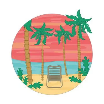 Colored round sunset landscape with palm trees Vector Stock Illustration