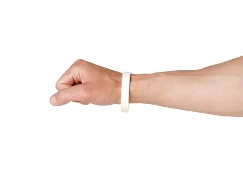 Colored rubber bracelets on the arm. Close up. Isolated on white background Stock-Fotos