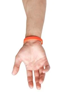 Colored rubber bracelets on the arm. Close up. Isolated on white background Stock-Fotos