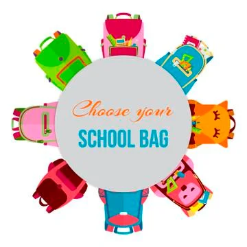 Colored school backpacks in circle vector illustration. Backpacks with school Stock Illustration