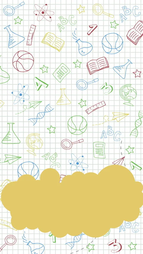 Colored school hand drawn icons on white grid paper with yellow cloud sticker. Video stock 313996189
