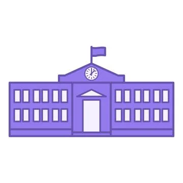 Colored School Icon. Vector Icon of School Building with Clock and Flag. Ed.. Stock Illustration