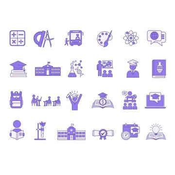 Colored School Icons Set. Vector Icons of Education, Science, Biology, Phys.. Stock Illustration