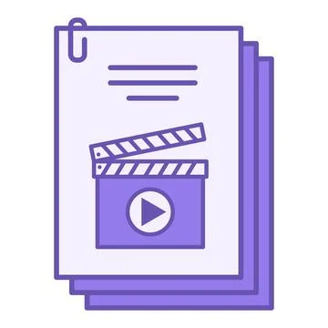 Colored Script Icon. Vector Icon. Sheets of Paper, Paperclip, Movie Clapper.. Stock Illustration