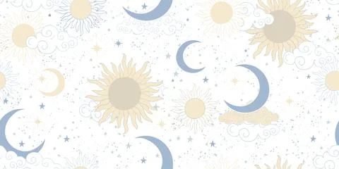 Colored seamless boho pattern for astrology, tarot. Gold sun and blue crescent Stock Illustration