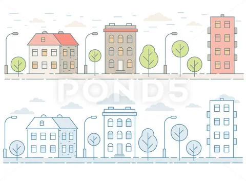 Colored seamless cityscape with houses, trees Stock Illustration