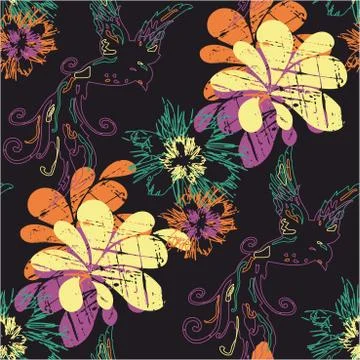 Colored seamless floral pattern isolated on black background. Flowers. Stock Illustration