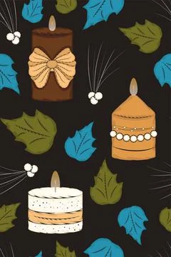 Colored seamless pattern background with autumn leaves and candles Vector Stock Illustration