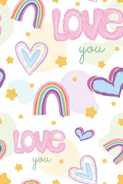 Colored seamless pattern background with heart shapes and rainbows Vector Stock Illustration