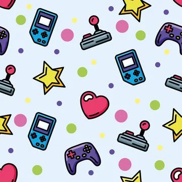 Colored seamless pattern background with joysticks and videogame icons Vector Stock Illustration