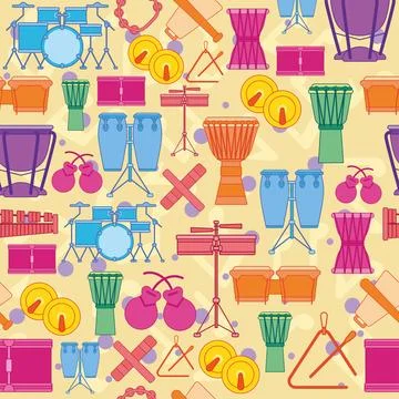 Colored seamless pattern background with musical instruments Vector Stock Illustration