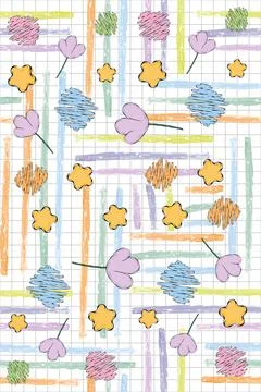 Colored seamless pattern background with sketch of flowers and stars Vector Stock Illustration