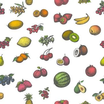 Colored seamless pattern big set juicy ripe fruit Stock Illustration