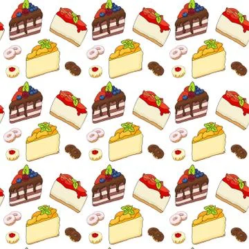 Colored Seamless Pattern with Cakes and Pastries. Background with Sweets in Hand Stock Illustration