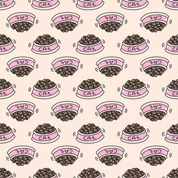 Colored seamless pattern with cartoon cats bowl of food vector image backgrou Stock Illustration