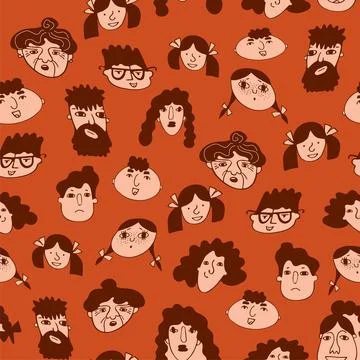 Colored seamless pattern with different funny faces of people in doodle style. Illustrazione stock