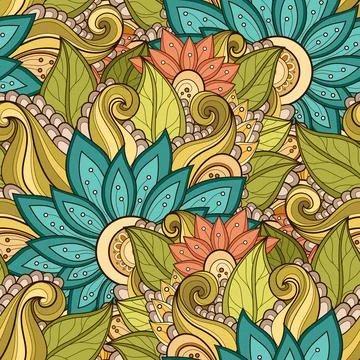 Colored Seamless Pattern with Floral Motifs Stock Illustration