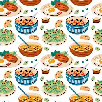 Colored seamless pattern of food and drink. Vector illustration Stock Illustration
