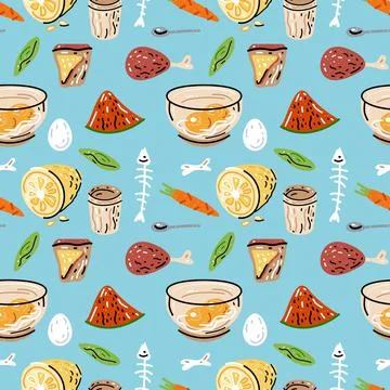 Colored seamless pattern of food and drink. Illustration for design of menu. Illustrazione stock