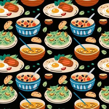 Colored seamless pattern of food and drink. Vector illustration Illustrazione stock