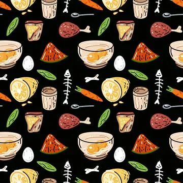 Colored seamless pattern of food and drink. Illustration for design of menu. Illustrazione stock