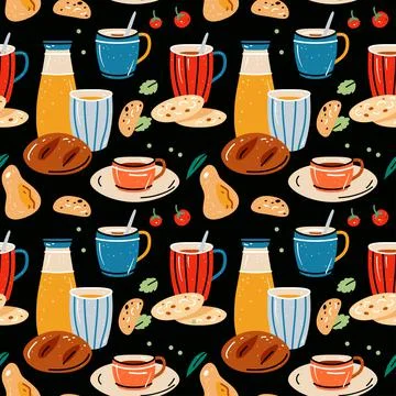 Colored seamless pattern of food and drink. Vector illustration Stock Illustration