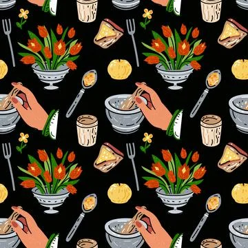 Colored seamless pattern of food and drink. For the menu Stock Illustration