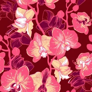 Colored seamless pattern with Hand drawn Orchids, Stock Illustration