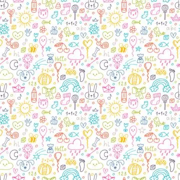 Colored seamless pattern. Hand drawn children drawings. Background for cute.. Illustrazione stock