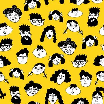 Colored seamless pattern with people faces in doodle graphics style. Stock Illustration